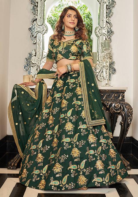 Green Sequin Thread Embroidered Art Silk Lehenga Set