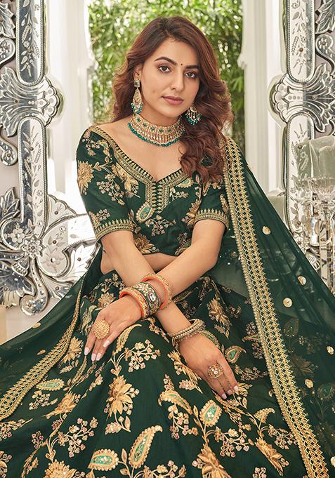 Green Sequin Thread Embroidered Art Silk Lehenga Set