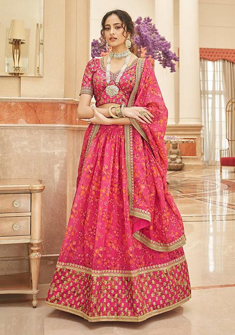Pink Sequin Thread Embroidered Organza Lehenga Set