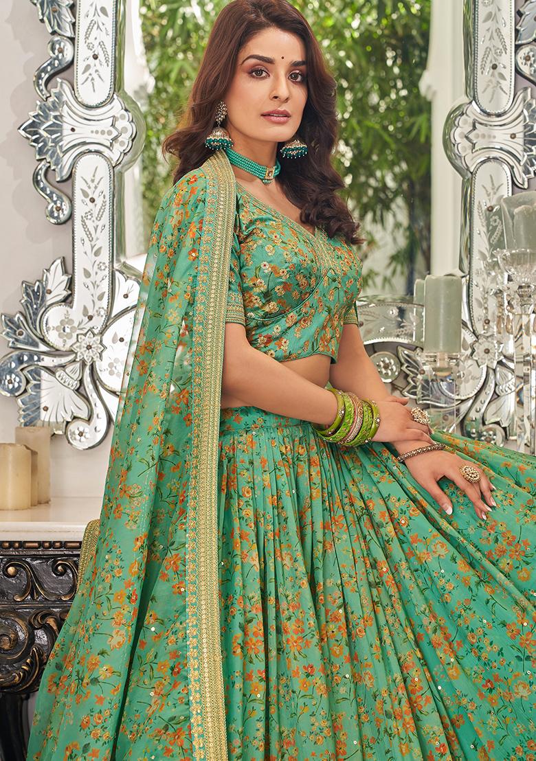 Light Green Sequin Thread Embroidered Organza Lehenga Set - Indya