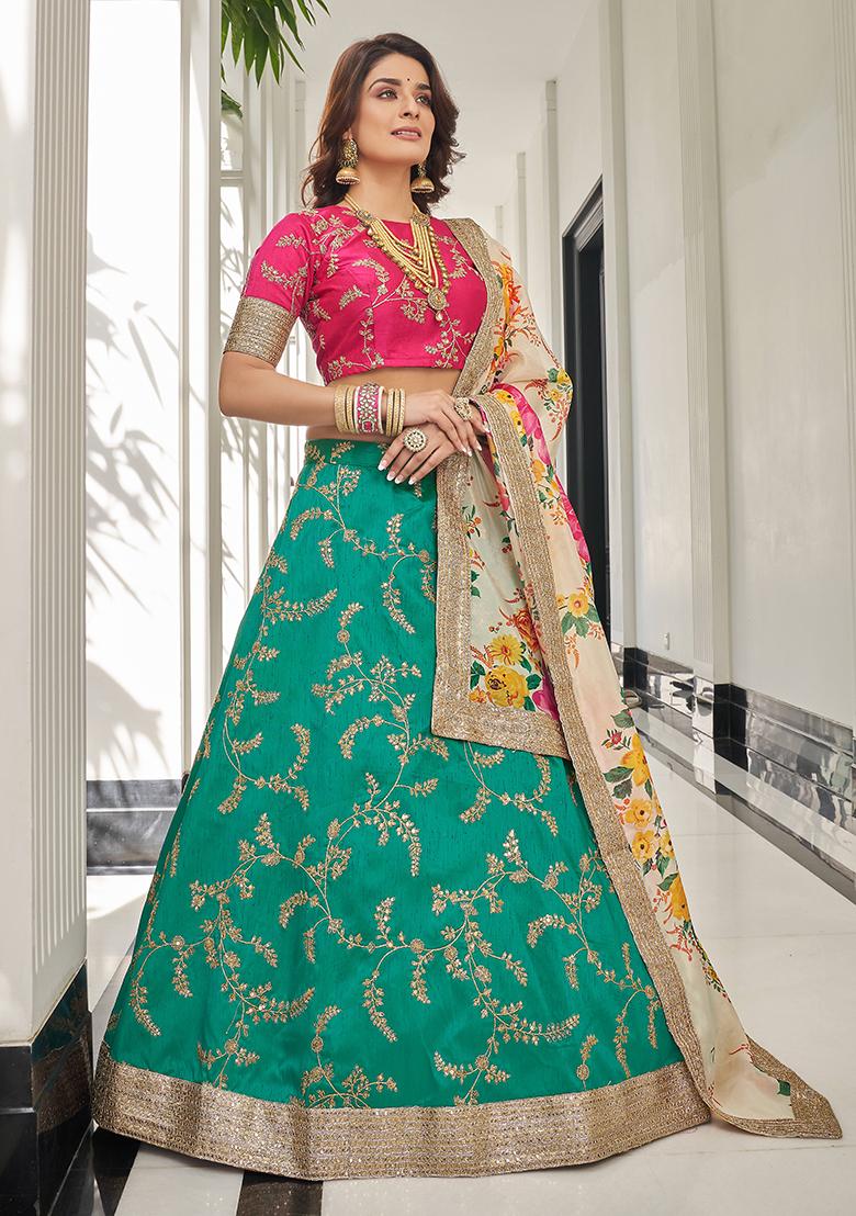 Green And White Sequin Thread Embroidered Art Silk Lehenga Set