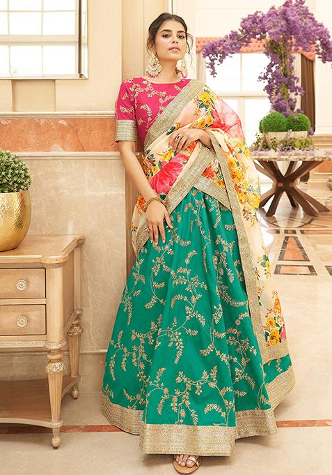 Green And White Sequin Thread Embroidered Art Silk Lehenga Set