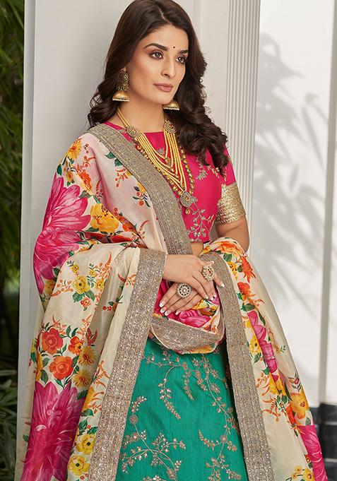 Green And White Sequin Thread Embroidered Art Silk Lehenga Set