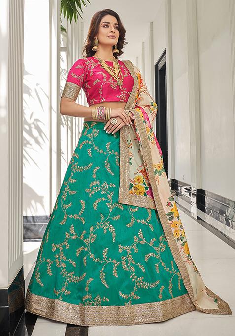 Green And White Sequin Thread Embroidered Art Silk Lehenga Set