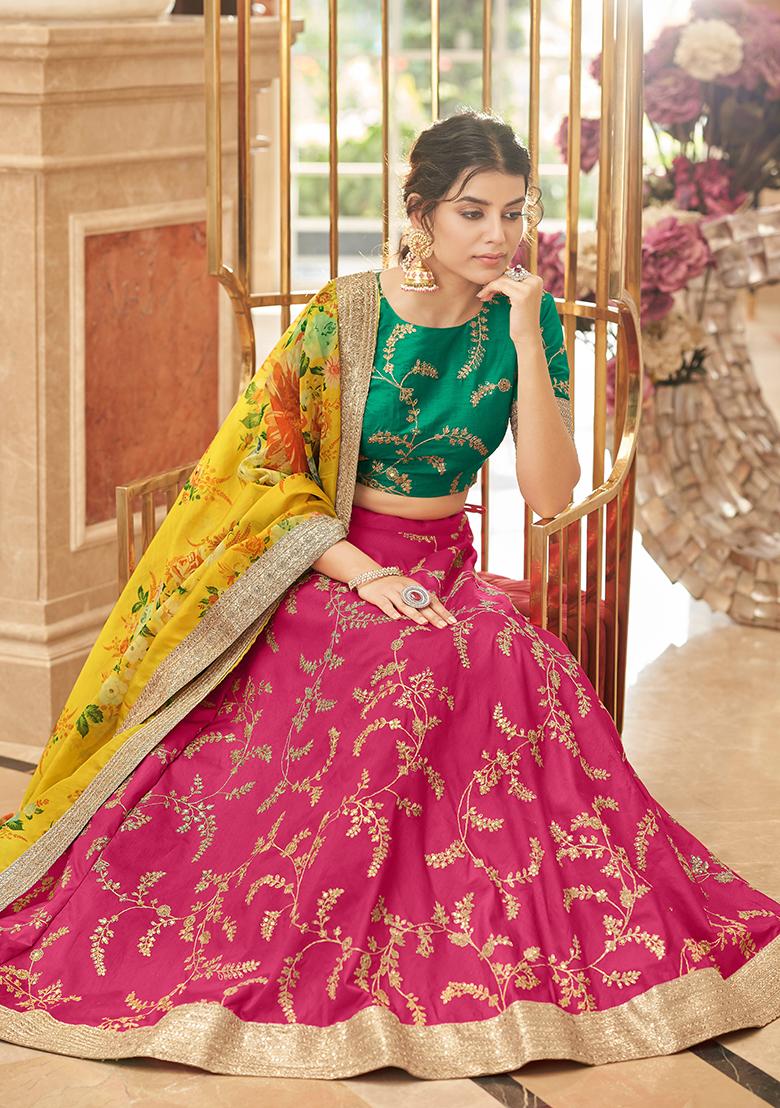 Pink And Yellow Sequin Thread Embroidered Art Silk Lehenga Set