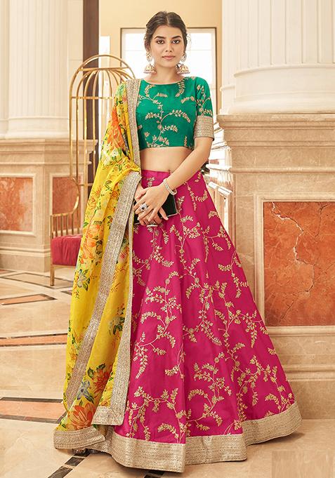 Pink And Yellow Sequin Thread Embroidered Art Silk Lehenga Set
