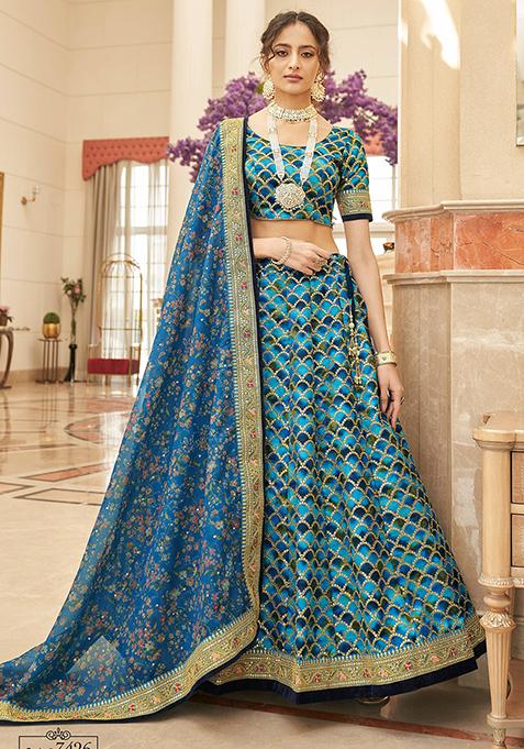 Blue Sequin Thread Embroidered Art Silk Lehenga Set