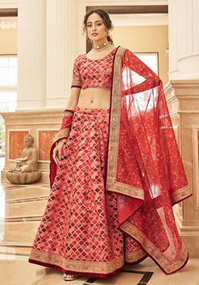Red Sequin Thread Embroidered Art Silk Lehenga Set