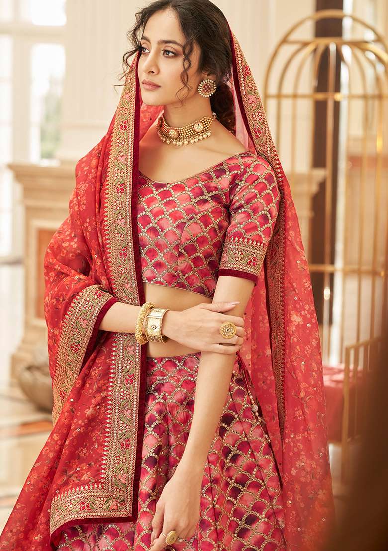 Red Thread Blend Art Silk Lehenga Set with Embroidered & Sequin for Diwali | Wedding & Festive Wear - Indya