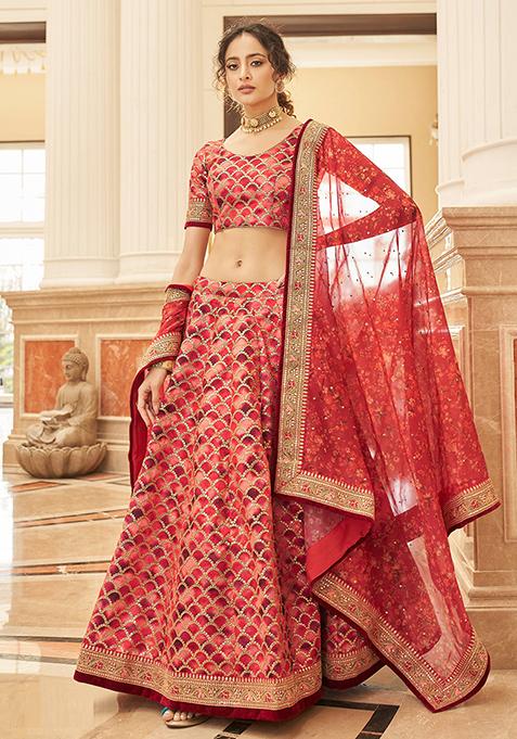 Red Sequin Thread Embroidered Art Silk Lehenga Set