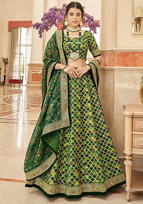 Green Sequin Thread Embroidered Art Silk Lehenga Set