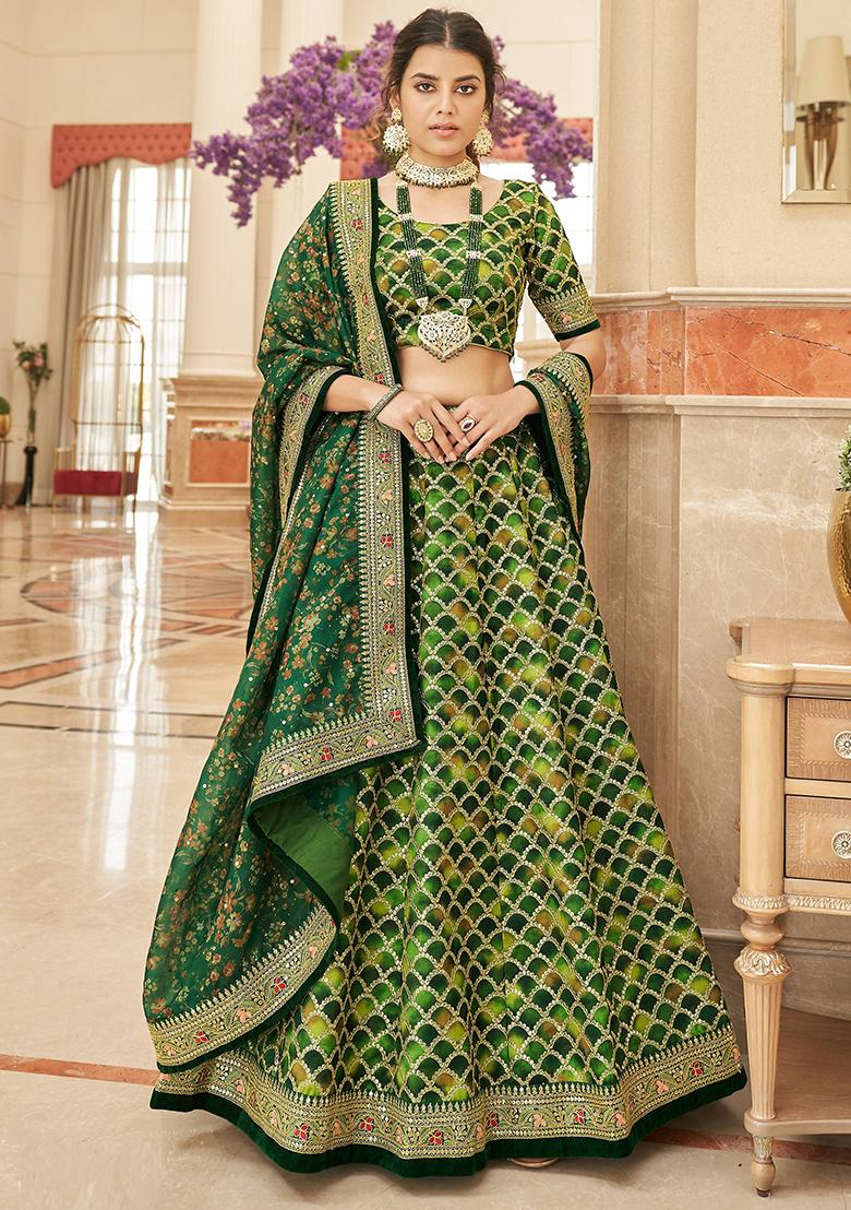 Green Sequin Thread Embroidered Art Silk Lehenga Set