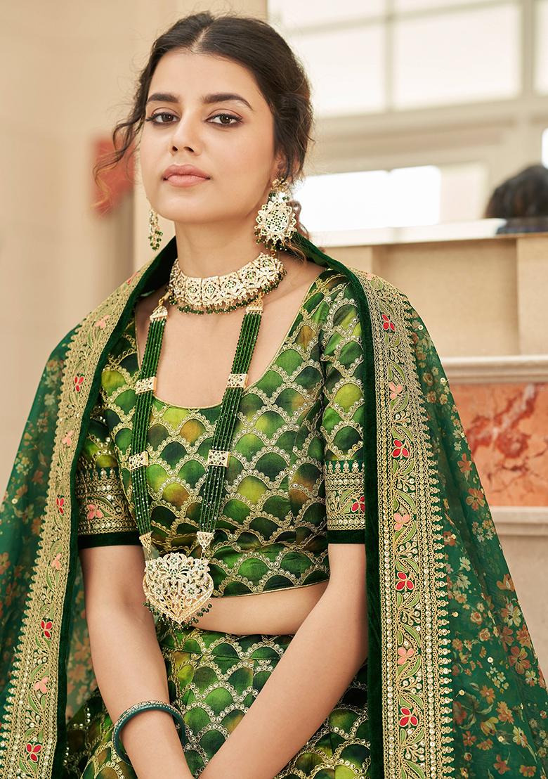 Green Sequin Thread Embroidered Art Silk Lehenga Set
