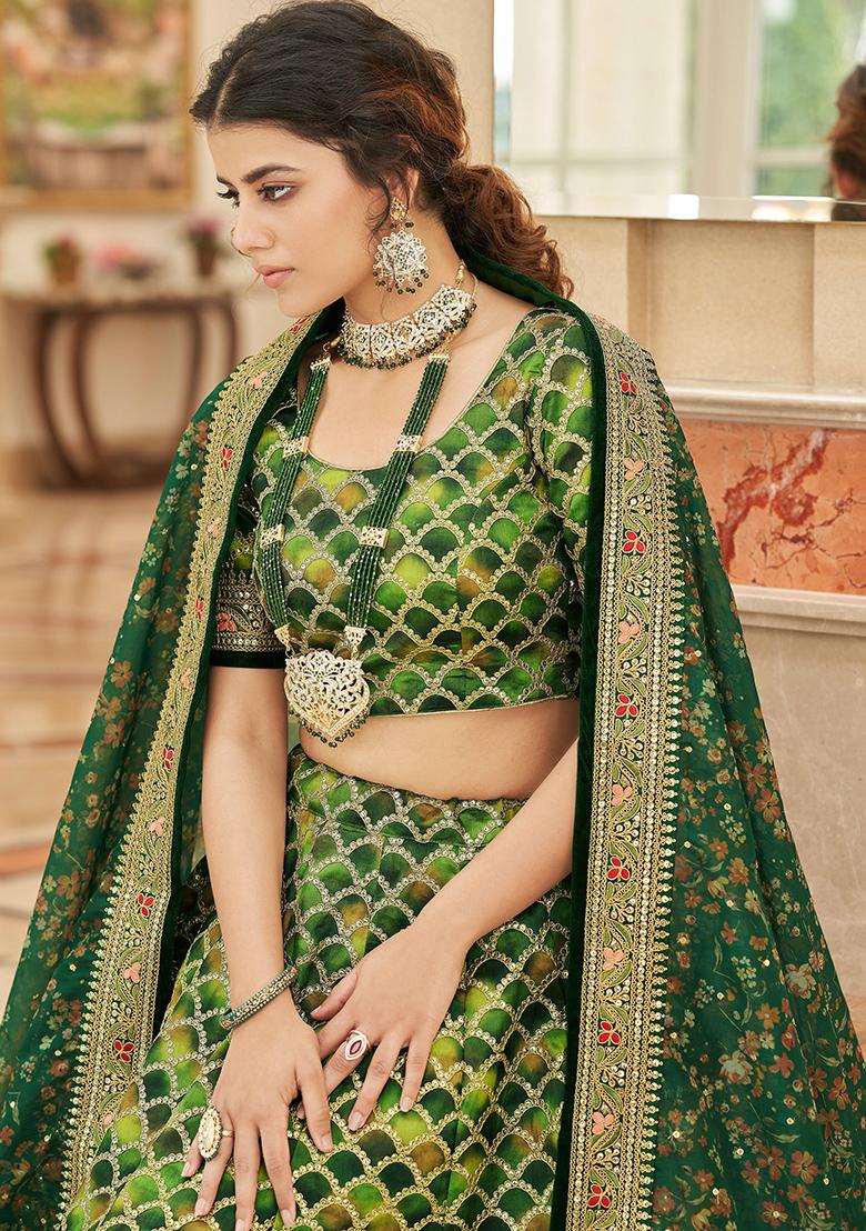 Green Sequin Thread Embroidered Art Silk Lehenga Set - Indya