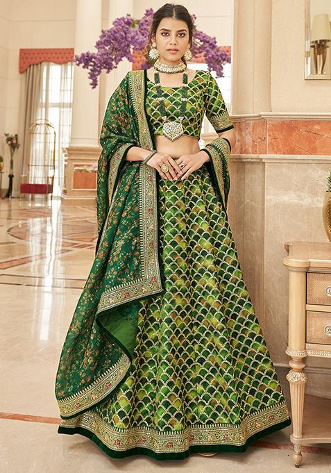 Green Sequin Thread Embroidered Art Silk Lehenga Set