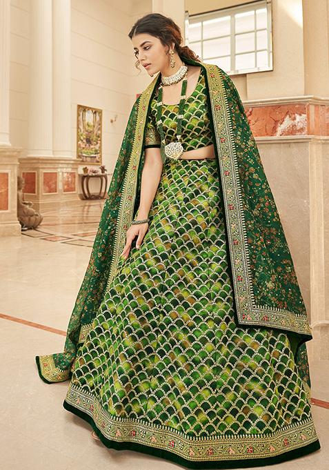 Green Sequin Thread Embroidered Art Silk Lehenga Set