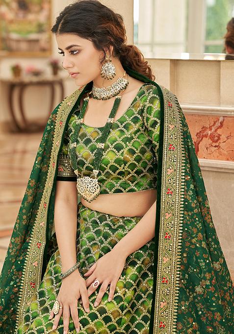Green Sequin Thread Embroidered Art Silk Lehenga Set
