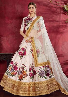 Off White Floral Print Embroidered Art Silk Lehenga Set