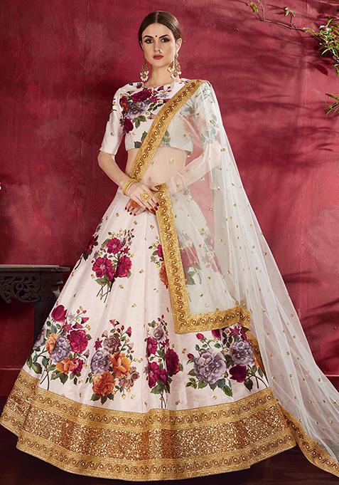 Off White Floral Print Embroidered Art Silk Lehenga Set