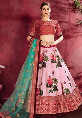 Baby Pink Floral Print Embroidered Art Silk Lehenga Set