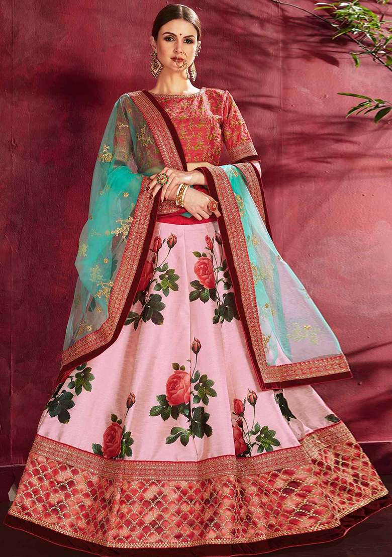 Baby Pink Floral Print Embroidered Art Silk Blend Lehenga Set for Diwali and Festive Wear - Indya