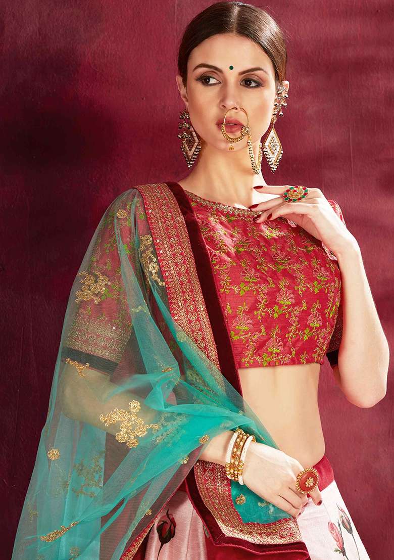 Baby Pink Floral Print Embroidered Art Silk Blend Lehenga Set for Diwali and Festive Wear - Indya