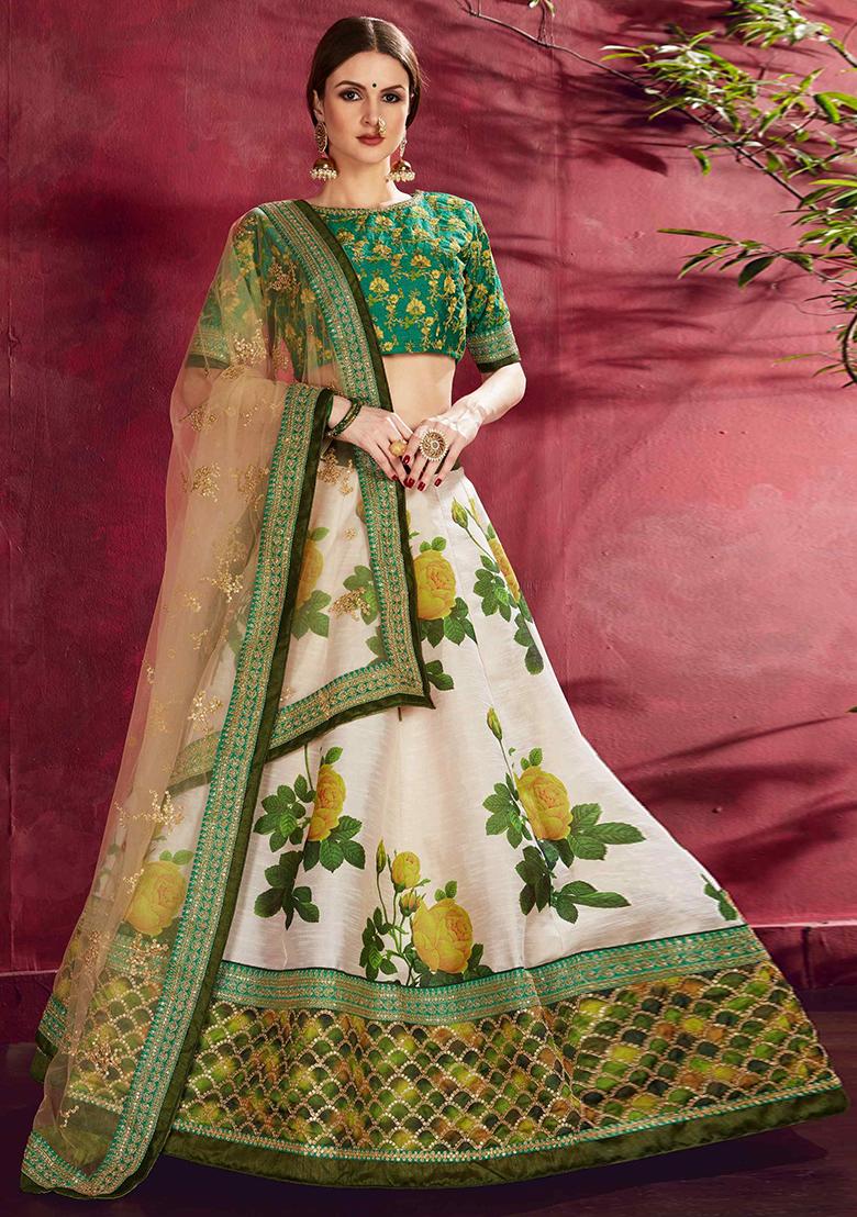 Cream And Green Floral Print Embroidered Art Silk Lehenga Set