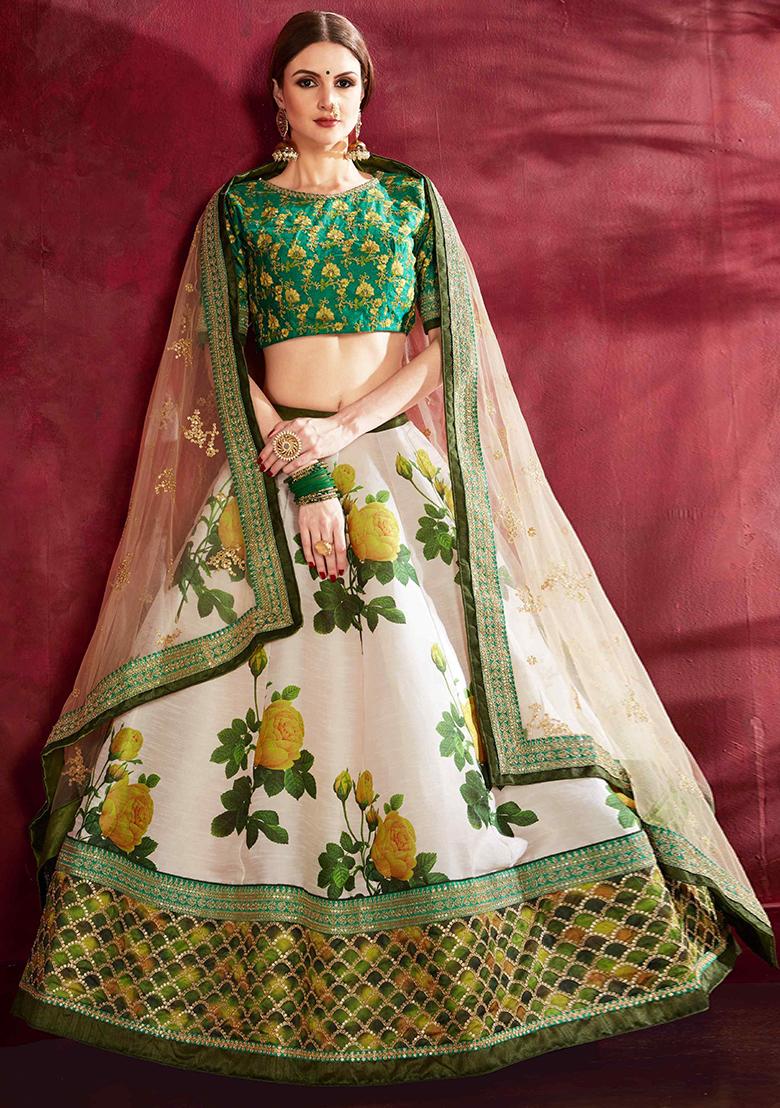 Cream And Green Floral Print Embroidered Art Silk Lehenga Set