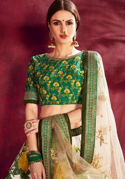 Cream And Green Floral Print Embroidered Art Silk Lehenga Set