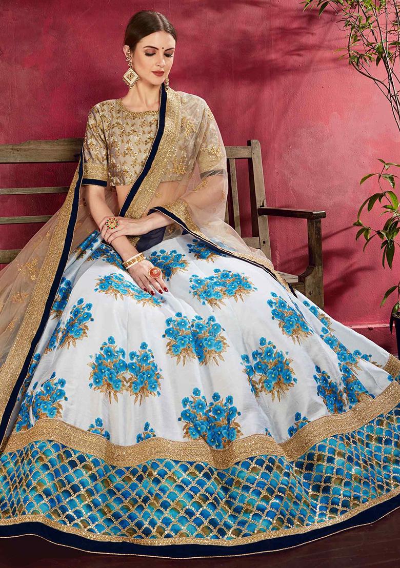 Cream And Blue Floral Print Embroidered Art Silk Lehenga Set