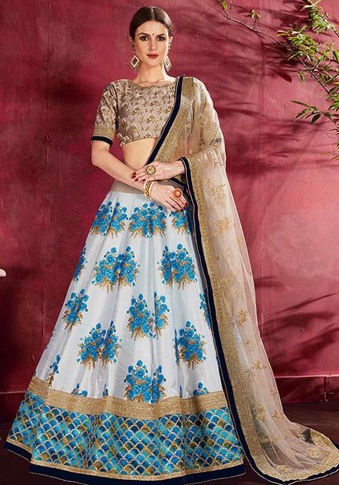 Cream And Blue Floral Print Embroidered Art Silk Lehenga Set