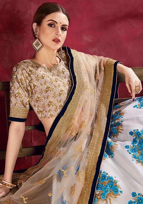 Cream And Blue Floral Print Embroidered Art Silk Lehenga Set