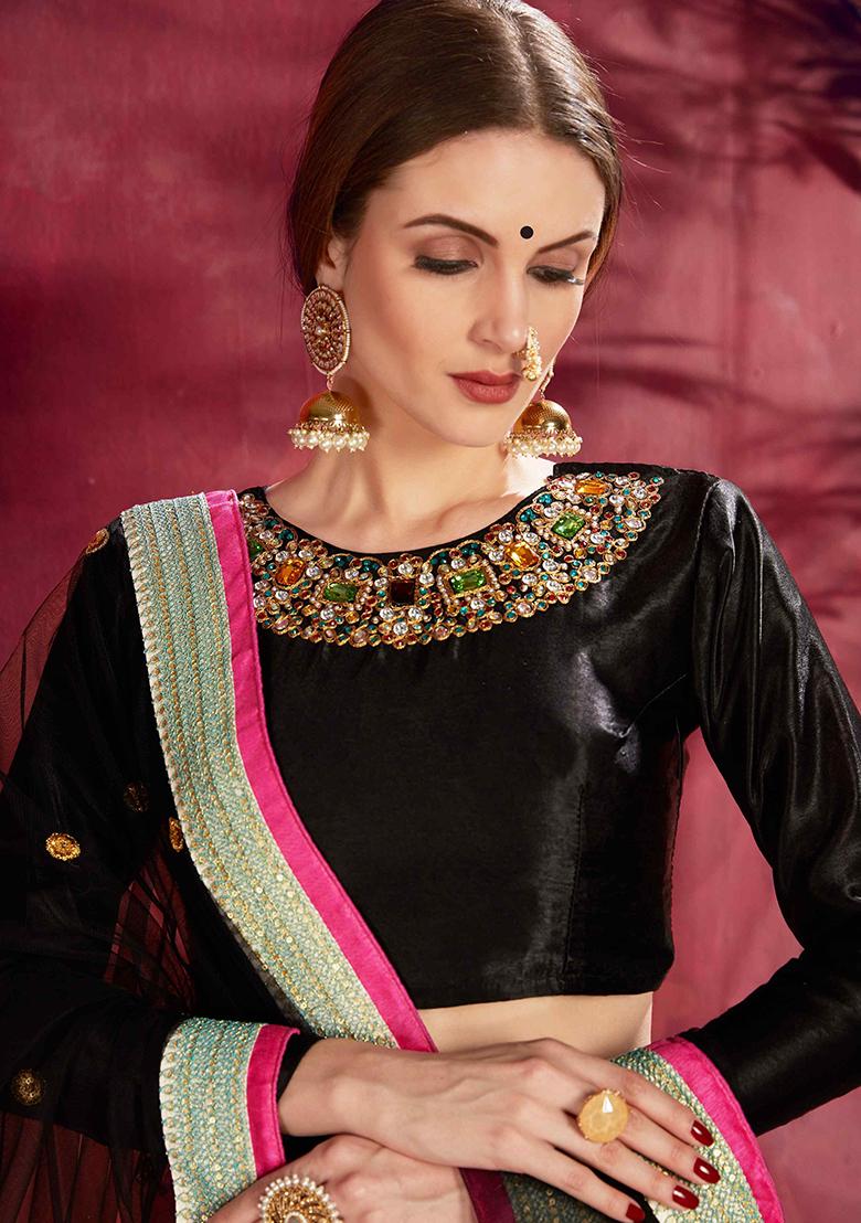 Blue And Black Floral Print Embroidered Art Silk Lehenga Set