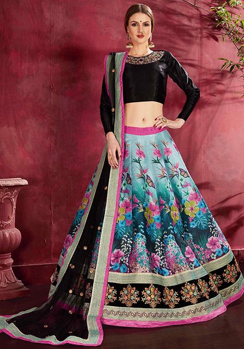 Blue And Black Floral Print Embroidered Art Silk Lehenga Set