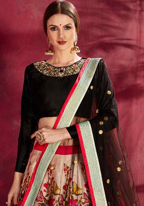 Red And Black Floral Print Embroidered Art Silk Lehenga Set