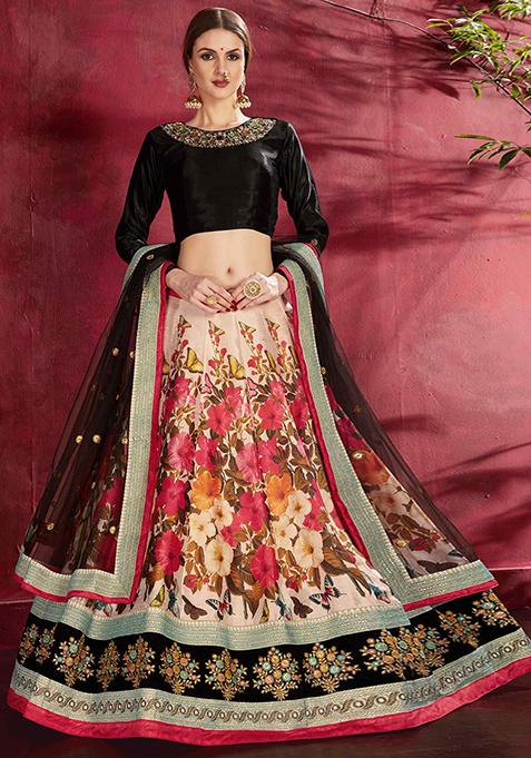 Red And Black Floral Print Embroidered Art Silk Lehenga Set