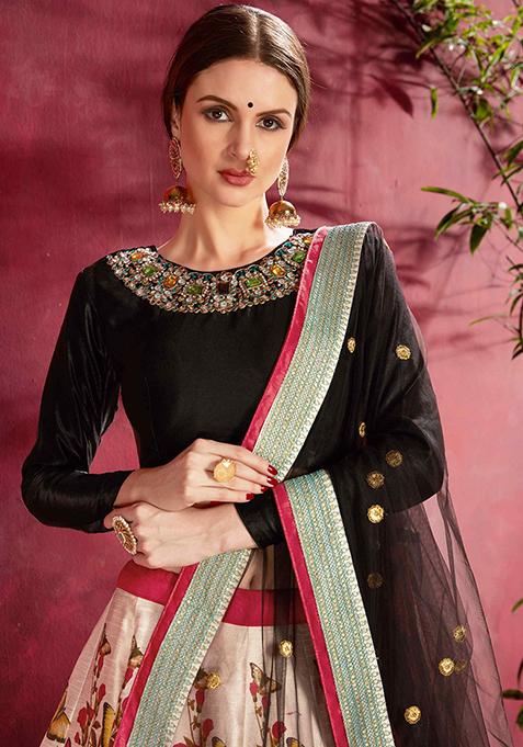 Red And Black Floral Print Embroidered Art Silk Lehenga Set