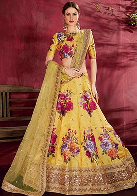 Yellow Floral Print Embroidered Art Silk Lehenga Set
