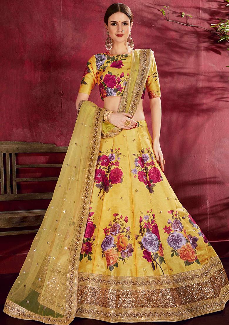 Yellow Floral Print Embroidered Art Silk Lehenga Set