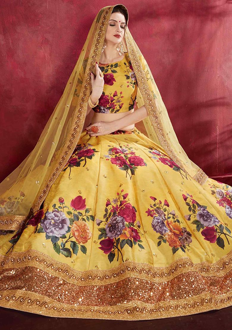 Yellow Floral Print Embroidered Art Silk Lehenga Set