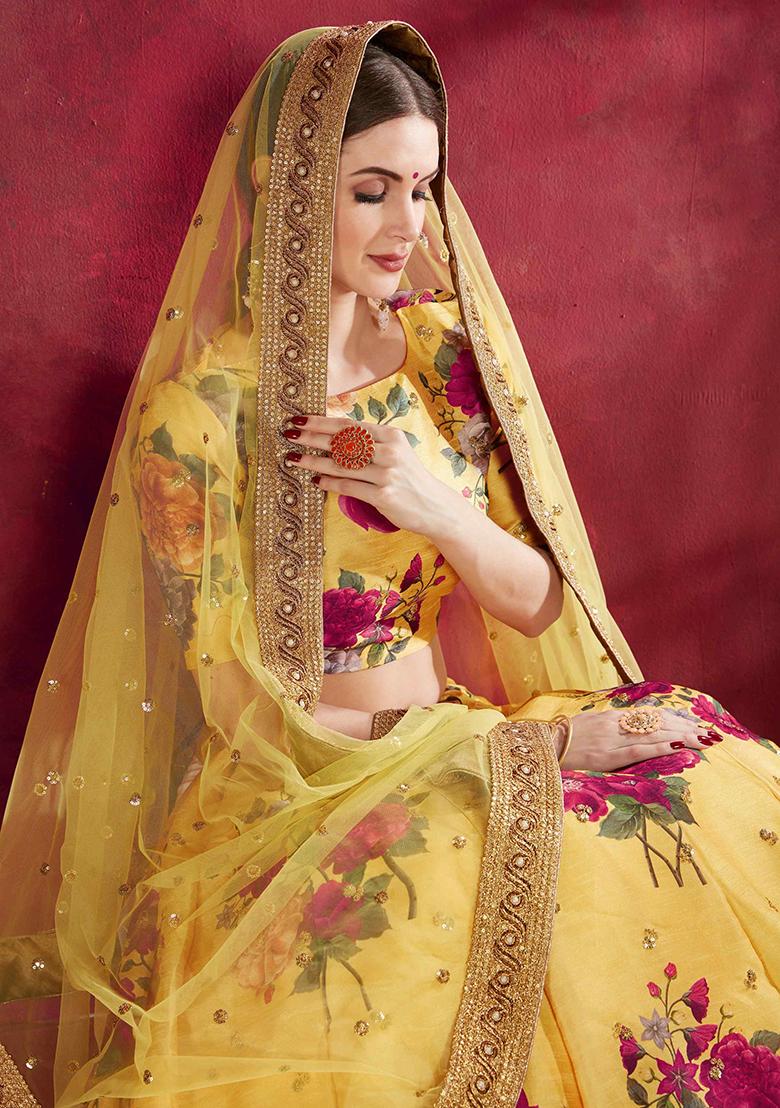 Yellow Floral Print Embroidered Art Silk Lehenga Set