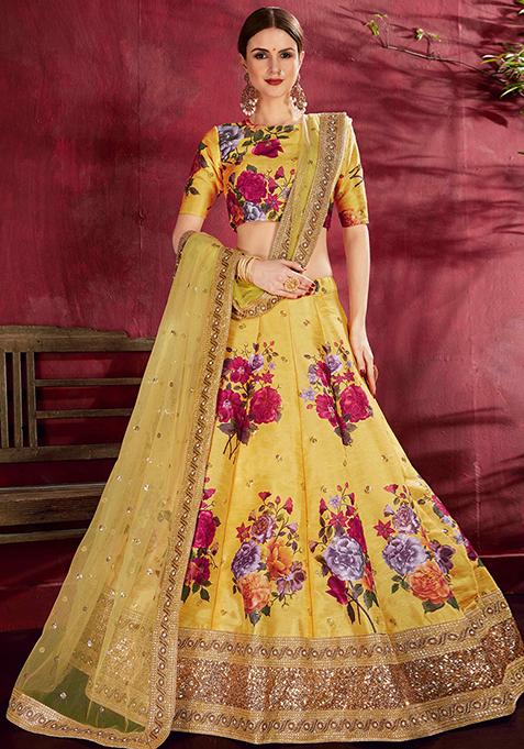 Yellow Floral Print Embroidered Art Silk Lehenga Set