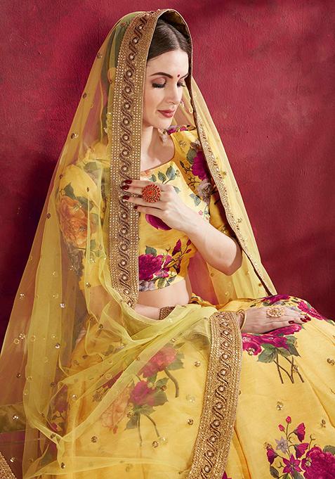 Yellow Floral Print Embroidered Art Silk Lehenga Set