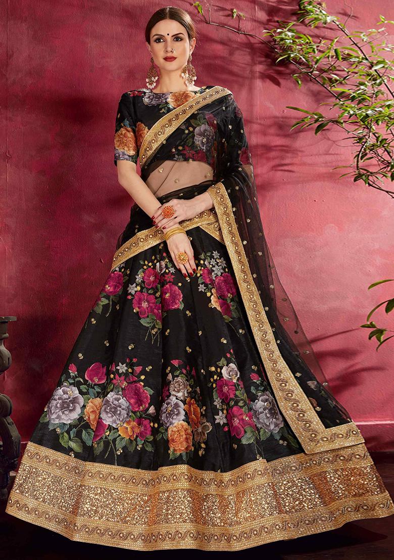 Black Floral Print Embroidered Art Silk Lehenga Set