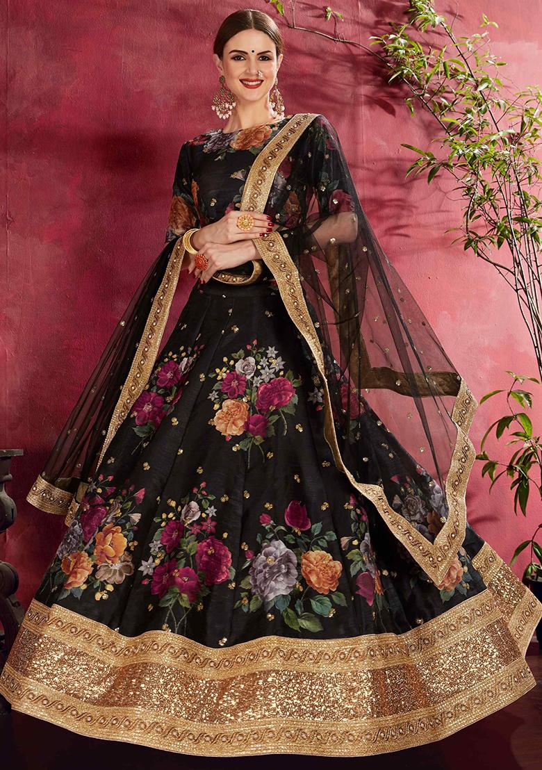Black Floral Print Embroidered Art Silk Lehenga Set - Indya
