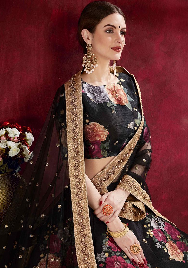 Black Floral Print Embroidered Art Silk Lehenga Set