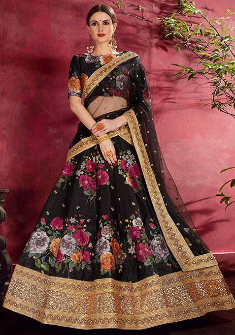 Black Floral Print Embroidered Art Silk Lehenga Set
