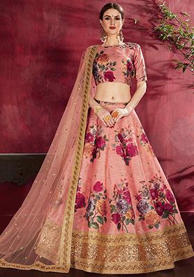 Peach Floral Print Embroidered Art Silk Lehenga Set