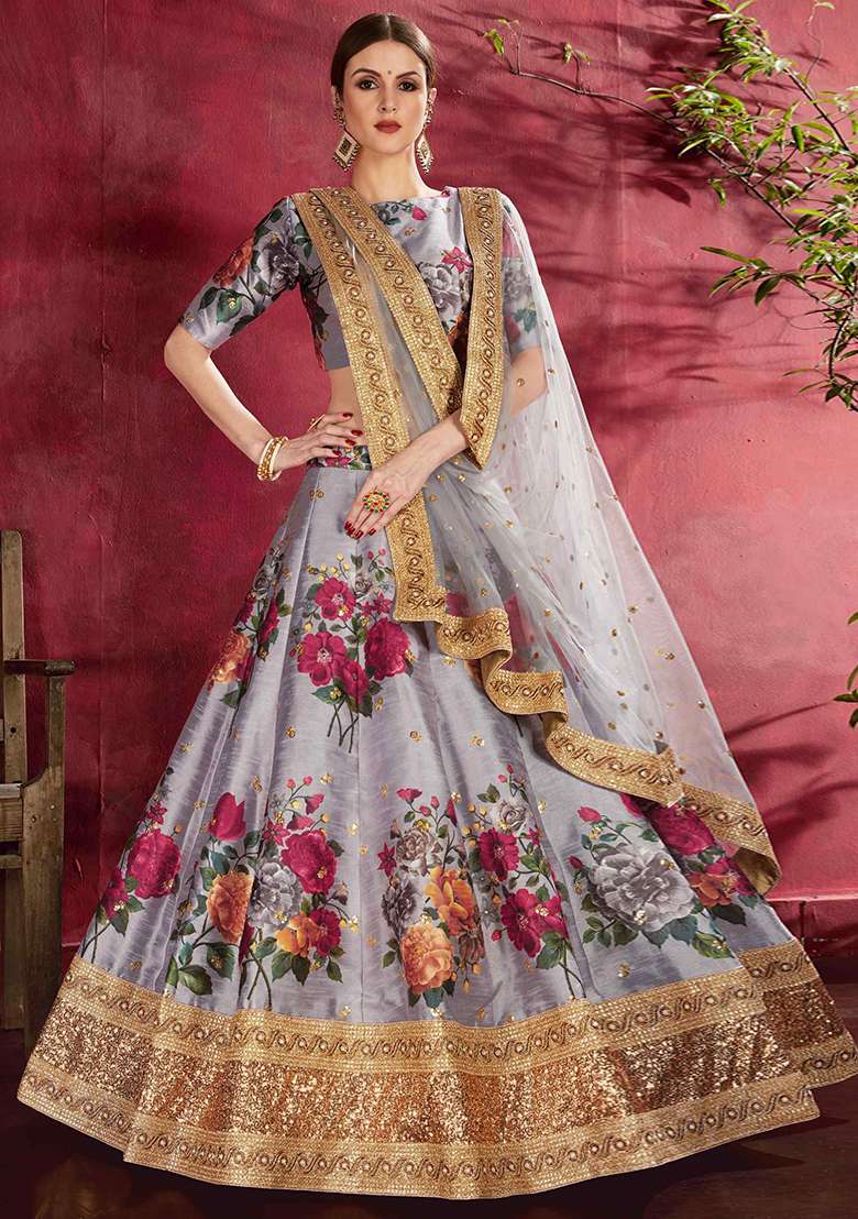 Grey Blend Art Silk Lehenga Set with Floral Print & Embroidered for Diwali | Wedding & Festive Wear - Indya