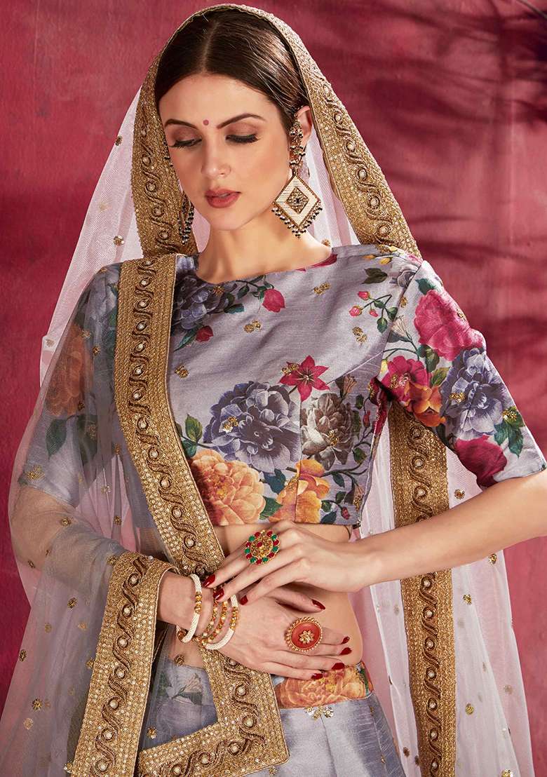 Grey Blend Art Silk Lehenga Set with Floral Print & Embroidered for Diwali | Wedding & Festive Wear - Indya